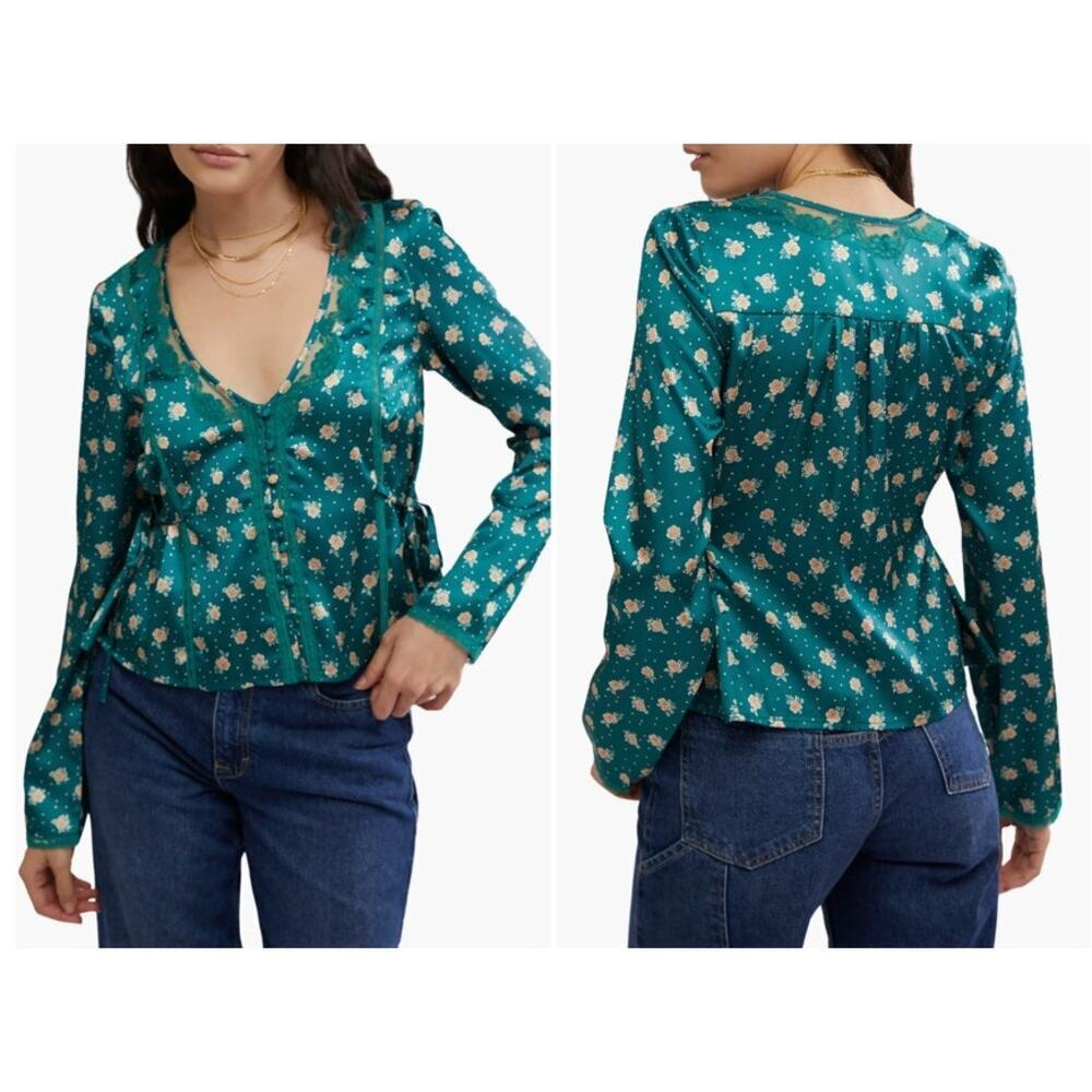 Free People Field Of Roses Satin & Lace Top Size Small